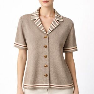 St. John Santana Knit Resortwear Button Front Short Sleeve Top Greige size large